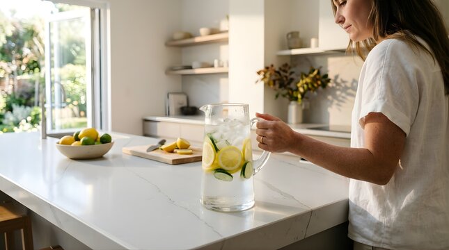 Woman preparing refreshing lemon and cucumber water in a sunlit kitchen