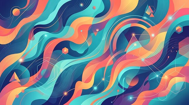 Abstract cosmic background featuring flowing liquid waves with vibrant gradients of orange blue and teal colors decorated with sparkling stardust and planets