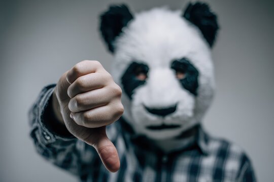 Panda mask thumbs-down gesture signals disapproval in urban portrait
