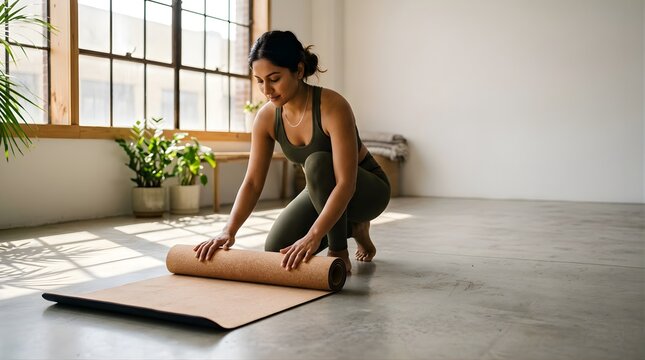 Woman rolling up a yoga mat after a workout in a bright loft studio