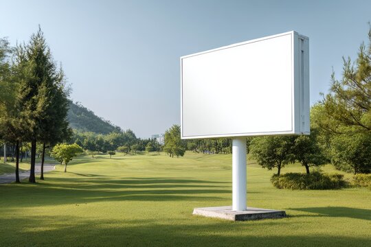 Park-side billboard mockup: blank display panel for advertising in a golf course setting