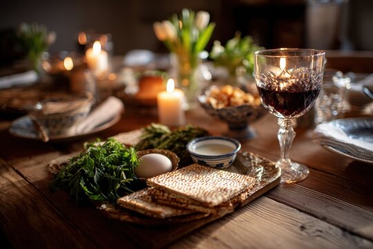 Passover Seder Plate on a Wooden Table with Traditional Foods and Candlelight