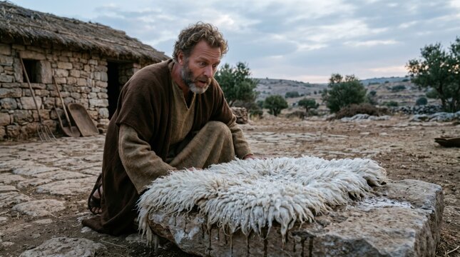 Man inspecting miraculous wet fleece on stone. Biblical scene of Gideon with wool piece in ancient Middle Eastern landscape. Religious faith, divine sign and miracle story concept.
