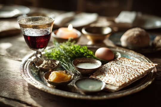 Passover Seder Plate on a Wooden Table with Traditional Foods and Candlelight
