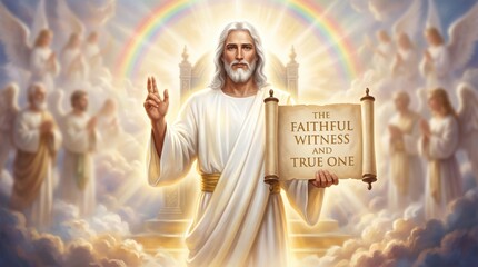 Obraz premium Jesus Christ holding a scroll with celestial light. Religious man figure surrounded by angel figures in heaven. Kingdom of God, divine blessing, spirituality and christianity concept.