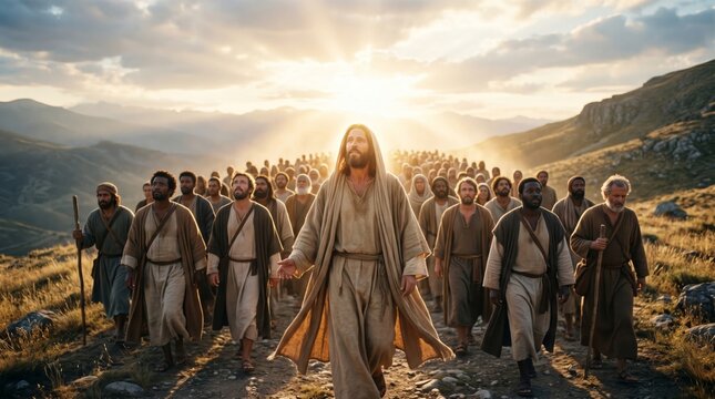 Jesus leading a crowd of followers through a mountain landscape. Biblical scene of people walking together. Spiritual journey, historical religion, faith, and leadership concept.