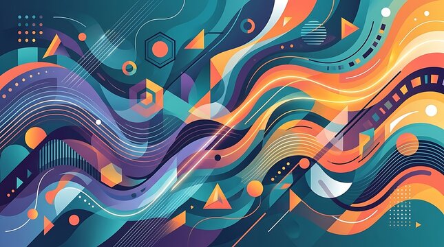 Abstract background featuring flowing colorful waves with geometric shapes and digital patterns creating a dynamic and modern artistic composition for creative projects