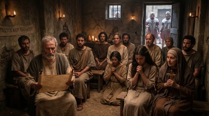 Fototapeta premium Elderly man reading scroll to group of men and women praying in dim underground room. Ancient Christian community gathered in hiding while Roman soldiers approach. Biblical historical scene.