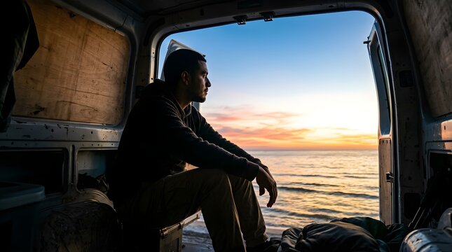 Young man sitting in a van watching the sunset over the ocean view