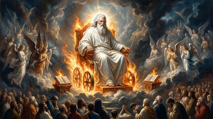Obraz premium God sitting on throne of fire surrounded by angels and praying people. Religious biblical scene depicting divine judgment and heavenly kingdom. Spiritual artwork of supreme deity.