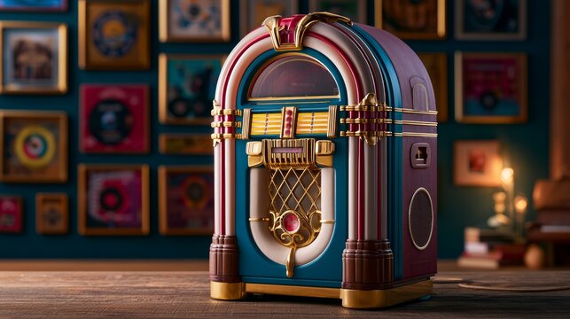Vintage Style Retro Jukebox with Bright Colors and Decorative Wall Background