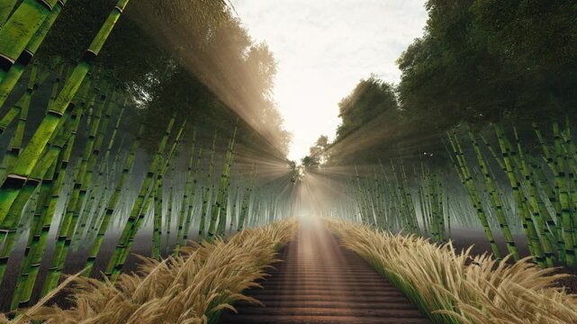 Golden Sunbeams Shining Through a Dense Bamboo Forest