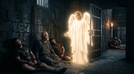 Obraz premium Bright angel rescuing man from dark stone prison. Cinematic scene of spiritual liberation. Biblical story of apostle deliverance by divine intervention. Miraculous escape from captivity.