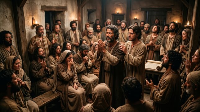 Group of disciples and believers praying together in humble room. Man leading community in collective worship. Ancient spiritual gathering, faith, religious tradition and togetherness.