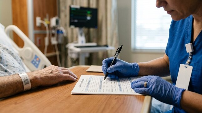 Nurse Verifying a Newly Admitted Patient Religious Or Dietary Preferences on an Intake Form