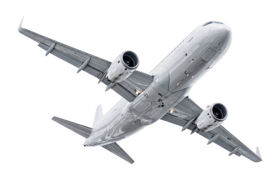 Airplane flying bottom view isolated PNG, white commercial passenger jetliner in flight on transparent background, aviation travel concept