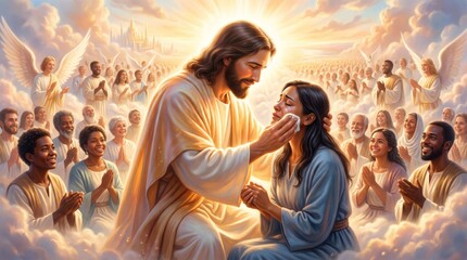 Obraz premium Jesus comforting a crying woman in heaven surrounded by angels and souls. Biblical scene depicting god wiping away tears from a faithful believer. Spiritual afterlife redemption concept.