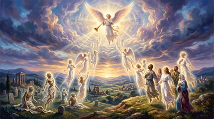Obraz premium Angel blowing trumpet in sky with rising people from grave. Resurrection of dead in biblical scene. Religious painting depicting rapture of church into heaven. Spiritual faith concept.