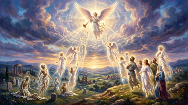 Angel blowing trumpet in sky with rising people from grave. Resurrection of dead in biblical scene. Religious painting depicting rapture of church into heaven. Spiritual faith concept.