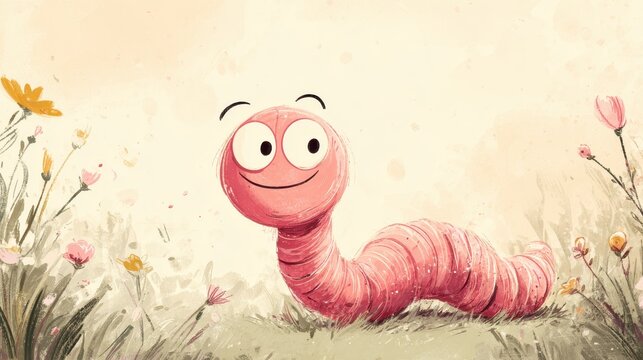 Playful pink worm cartoon in soft watercolor style among gentle grasses and flowers
