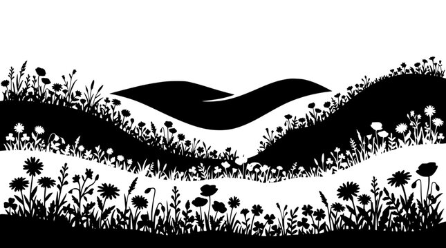 Black and white wildflower meadow silhouette landscape with grass on rolling hills
