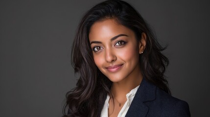 Fototapeta premium Polished corporate portrait of a poised South Asian professional with direct eye contact in a neutral studio