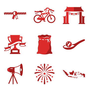 Indonesian Independence Day Celebration Icons Red Vector Set