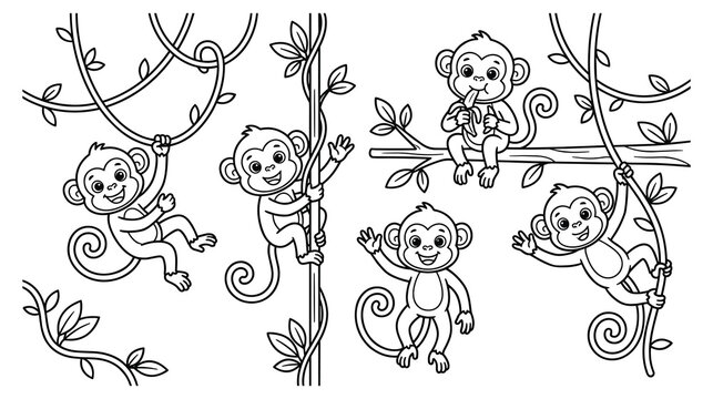 Playful monkeys in jungle trees coloring page for children book.