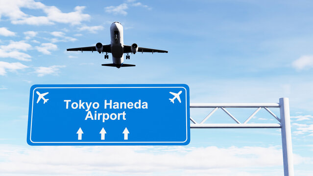 tokyo haneda highway sign with a commercial airplane flying overhead, ideal for aviation, air travel, transportation, tourism, and infrastructure content.