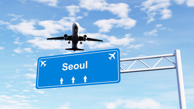Seoul Airport highway sign with a commercial airplane flying above, ideal for aviation, air travel, transportation, tourism, and infrastructure concepts.