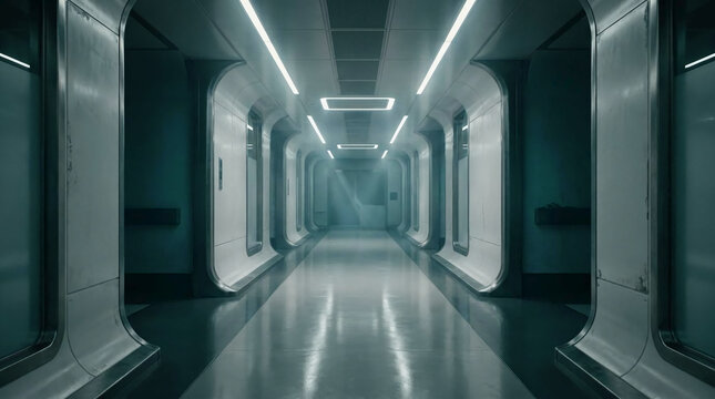 Futuristic Corridor: A long, sterile corridor with rounded walls and bright fluorescent lighting creates a sense of advanced technology and unknown potential.
