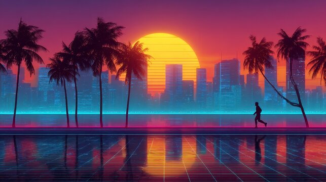 A silhouetted person runs across a glowing platform, with palm trees and a cityscape against a vibrant sunset sky