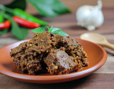 Traditional Indonesian beef rendang dish served in a bowl