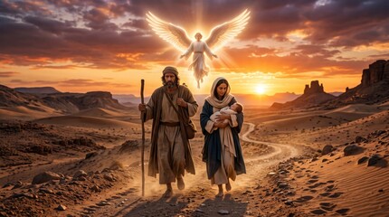 Obraz premium Man Joseph and woman Mary holding child Jesus walking on desert path with light of guardian angel. Biblical nativity scene of holy family flight to Egypt. Christian spiritual concept.