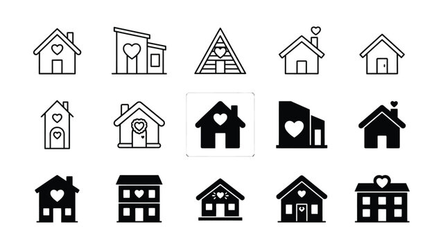 Collection of minimalist house icons with heart symbols for love home themes