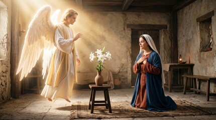 Obraz premium Angel Gabriel appearing to young woman Mary in interior. Biblical scene of Annunciation. Concept of religious faith, divine message, holy miracle, christianity, spirituality, light.