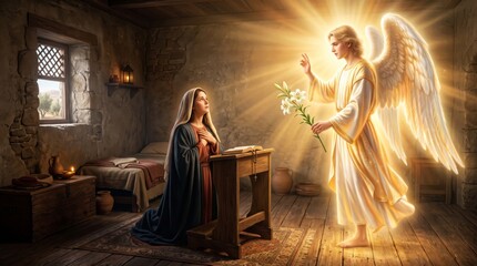 Obraz premium Angel Gabriel visits Mary in the Annunciation. Woman kneeling in prayer as shining celestial being with lily appears in room. Biblical scene depicting divine news and Christian faith.