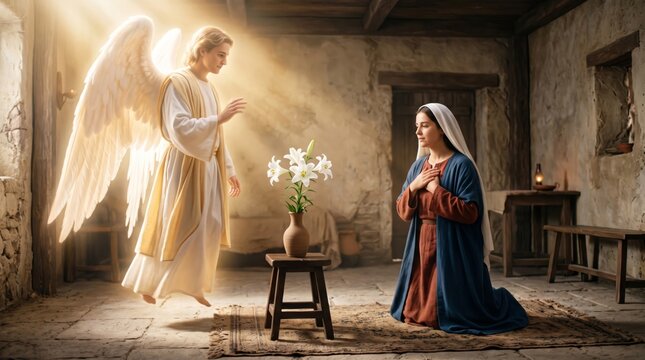 Angel Gabriel appearing to young woman Mary in interior. Biblical scene of Annunciation. Concept of religious faith, divine message, holy miracle, christianity, spirituality, light.