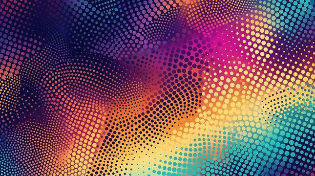 Abstract background featuring a vibrant colorful gradient with a dynamic halftone dot pattern overlay creating a modern digital texture for creative designs