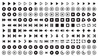 Fototapeta premium Collection of black and white media player control including play, pause, stop, fast forward, rewind, skip, volume, repeat, and shuffle symbols arranged in a grid pattern on a white background