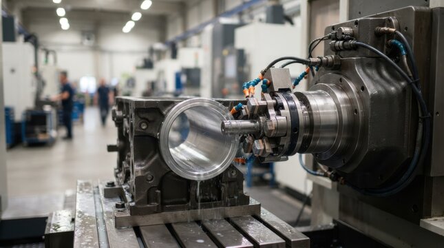 CNC boring spindle with honing stones finishing concentric metal bores in an automated machine hall for precision machining and quality control.