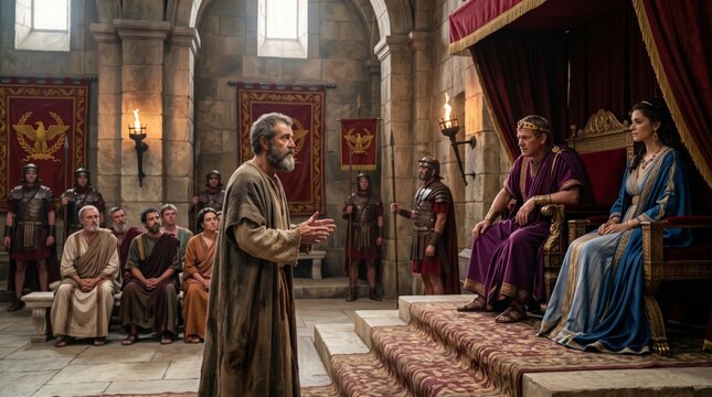 Man in robe speaking to emperor and empress sitting on throne in palace. Ancient Rome court scene with roman soldier and audience listening to witness. Historical drama set design.
