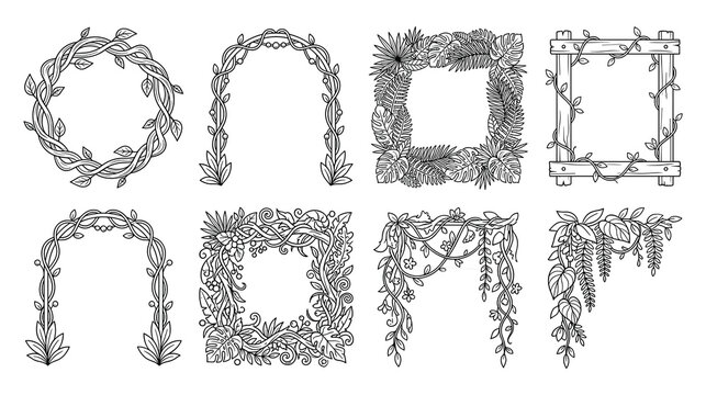 Tropical leaf frames and jungle vine borders in sketch style set.