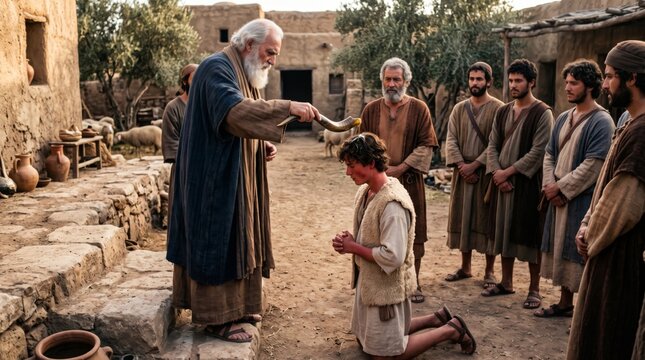 Elderly prophet anointing a kneeling young man with oil from a horn. Biblical scene representing a historical ceremony of blessing and consecration. Ancient spiritual religious ritual.