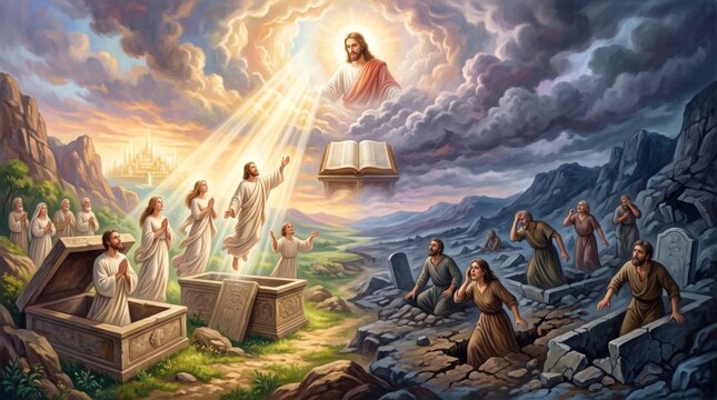 Jesus Christ descending from heaven during the resurrection of dead with rising man and woman leaving tomb. Biblical scene of rapture and afterlife hope. Christian religious illustration.