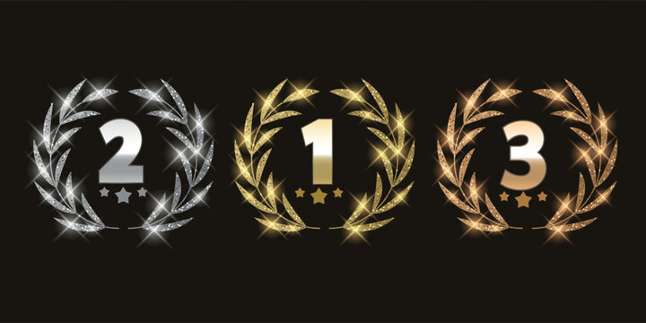 Set of emblems for first, second and third place in glowing laurel wreaths on dark background, vector illustration