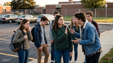 Obraz premium Teenagers refusing peer pressure at school. Students standing up to bullying in parking lot.