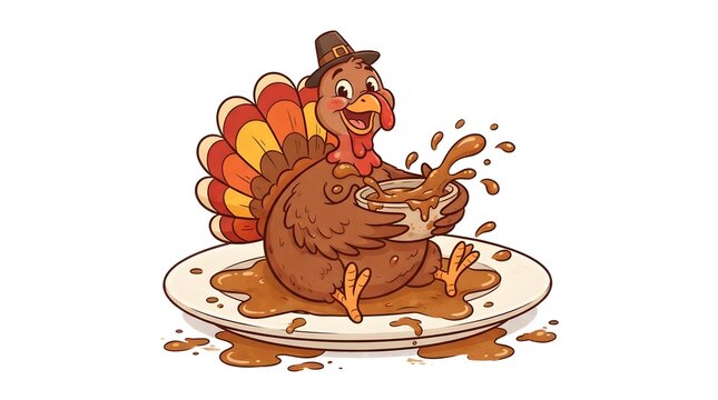Festive thanksgiving background with cartoon turkey gravy holiday dinner illustration