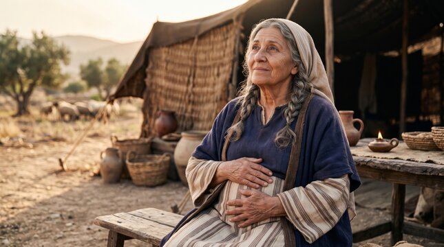 Elderly woman with gray hair wearing traditional historical clothing sitting outside a rustic desert tent. Biblical scene depicting a humble matron in a pastoral landscape at sunset.