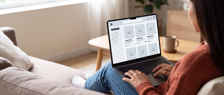 Woman browsing online store on laptop while sitting comfortably on a living room sofa, featuring a clean e-commerce UI wireframe mockup display for digital retail marketing content